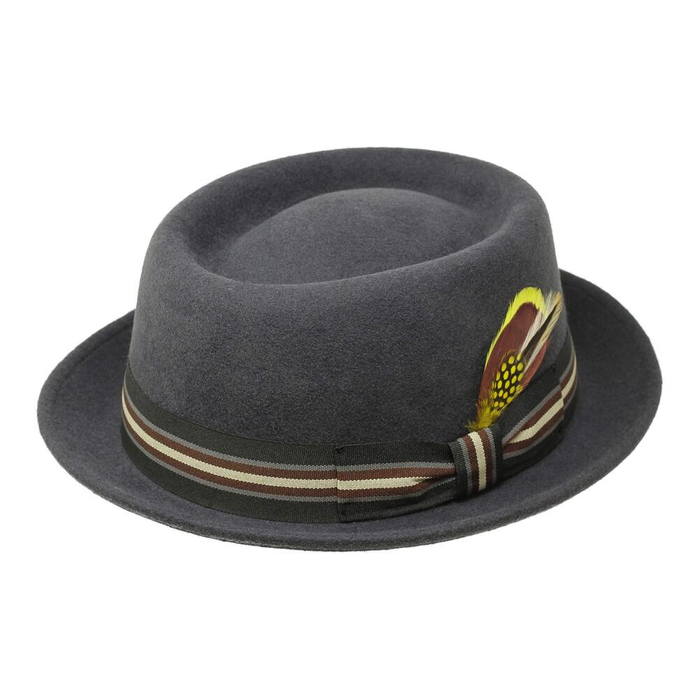 8682 Premium Defoe Porkpie Hat with Removable Feather 100% Wool Felt